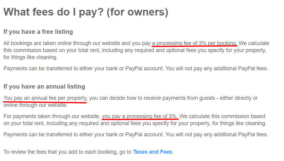 An excerpt from Tripadvisor showing that they charge a processing fee of 3%, either for payments taken through their website or per booking