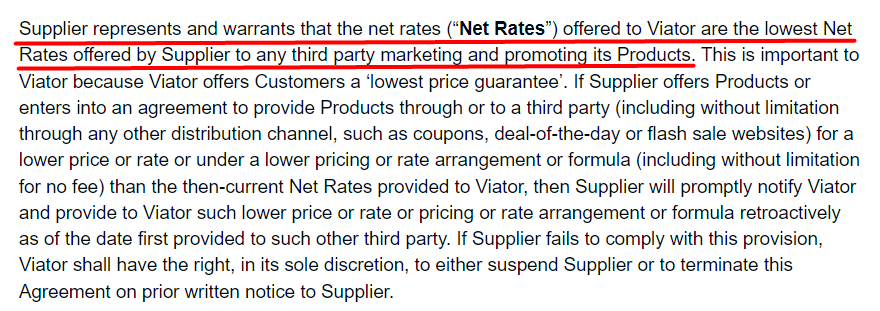An excerpt from Viator’s agreement showing that suppliers need to offer Viator their lowest net rates 