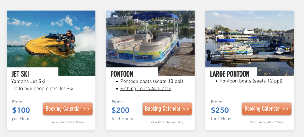 Screen capture from Premier Get Wet Watersports Booking Button Options